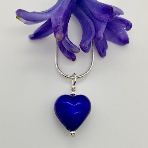 Necklace with dark blue (cobalt) Murano glass small heart pendant on silver snake chain