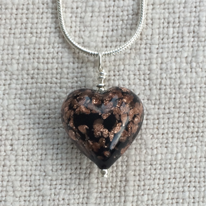 Necklace with black pastel and aventurine Murano glass small heart pendant on chain