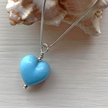 Necklace with light (pale) blue pastel Murano glass small heart pendant on silver snake chain