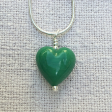 Necklace with dark green pastel Murano glass small heart pendant on silver snake chain
