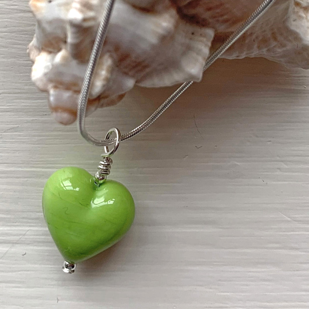 Necklace with green pastel Murano glass small heart pendant on silver snake chain