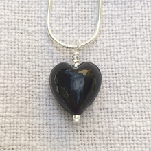 Necklace with black pastel Murano glass small heart pendant on silver snake chain