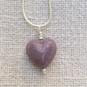 Necklace with purple pastel Murano glass small heart pendant on silver snake chain