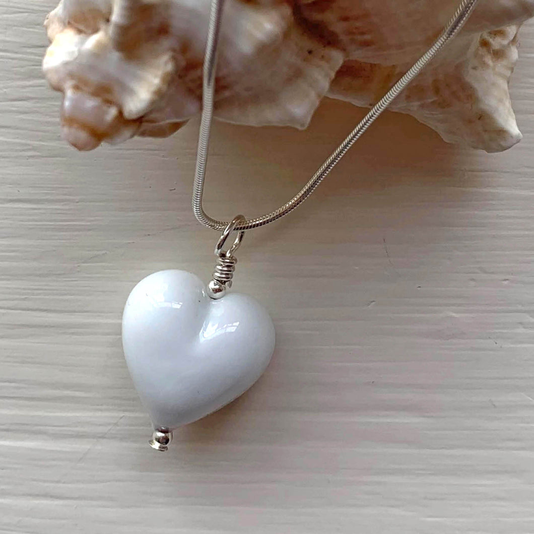 Necklace with white pastel Murano glass small heart pendant on silver snake chain