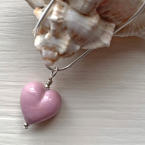 Necklace with pink pastel Murano glass small heart pendant on silver snake chain