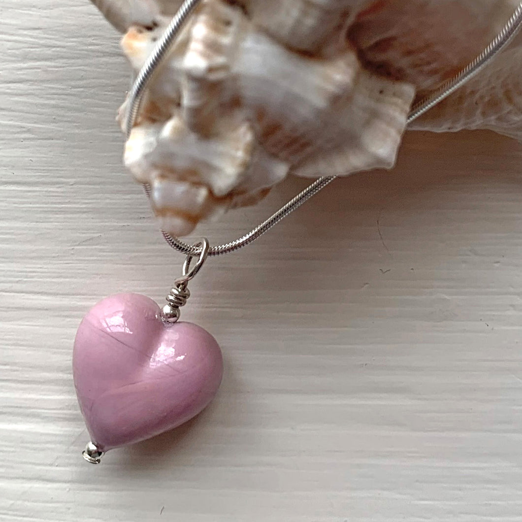 Necklace with pink pastel Murano glass small heart pendant on silver snake chain