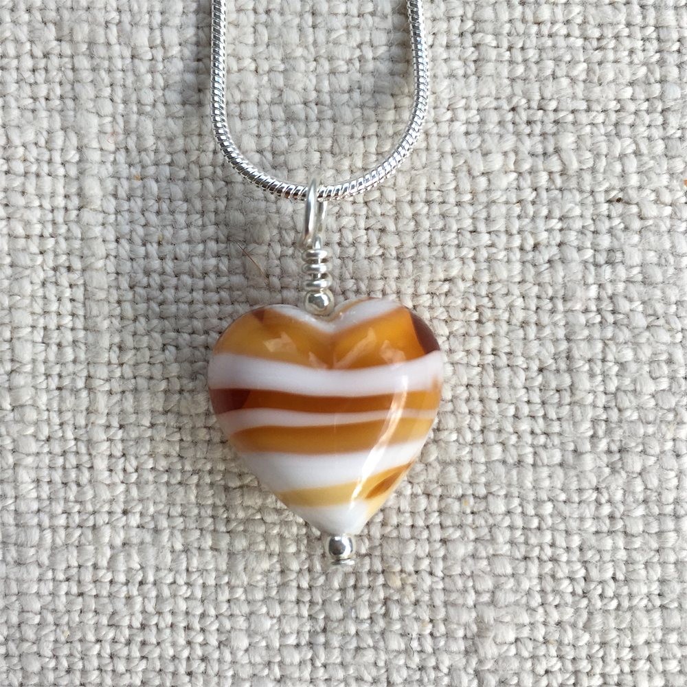 Necklace with white spiral and gold topaz Murano glass small heart pendant on chain