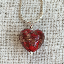 Necklace with red pastel and aventurine Murano glass small heart pendant on chain