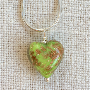 Necklace with green pastel and aventurine Murano glass small heart pendant on chain