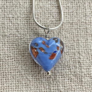 Necklace with blue pastel and aventurine Murano glass small heart pendant on silver chain