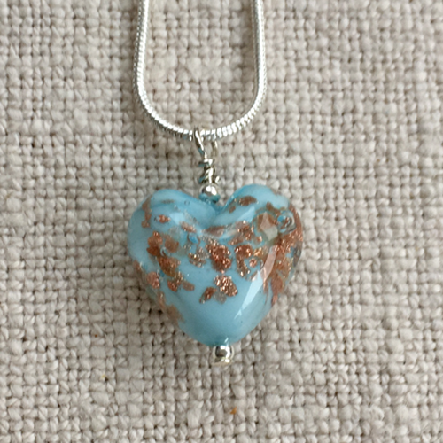 Necklace with light blue and aventurine Murano glass small heart pendant on chain
