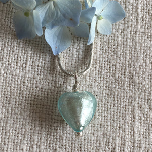 Necklace with aqua (blue) Murano glass small heart pendant on silver snake chain
