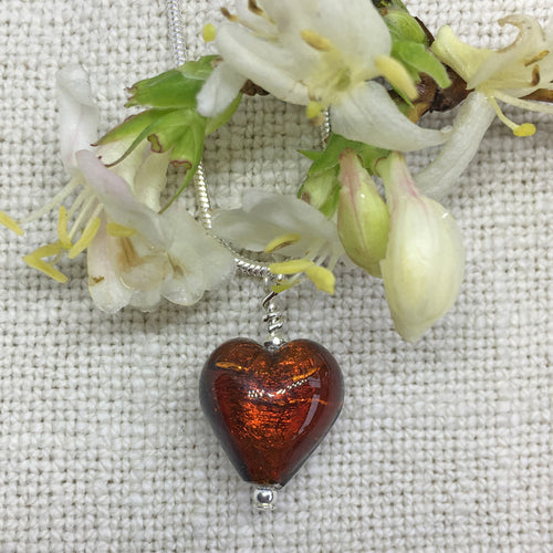 Necklace with brown topaz (amber) Murano glass small heart pendant on silver chain