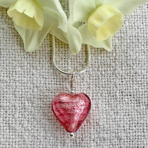Necklace with rose pink (cerise) Murano glass small heart pendant on silver snake chain