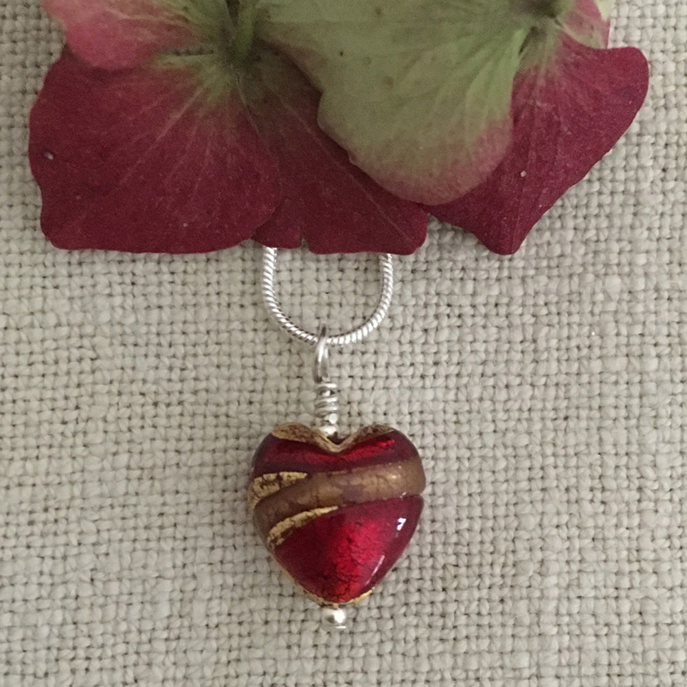 Necklace with red and aventurine swirl Murano glass small heart pendant on silver chain