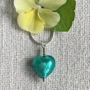 Necklace with teal (green, jade) Murano glass small heart pendant on silver snake chain