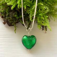 Necklace with dark green (emerald) Murano glass small heart pendant on silver chain