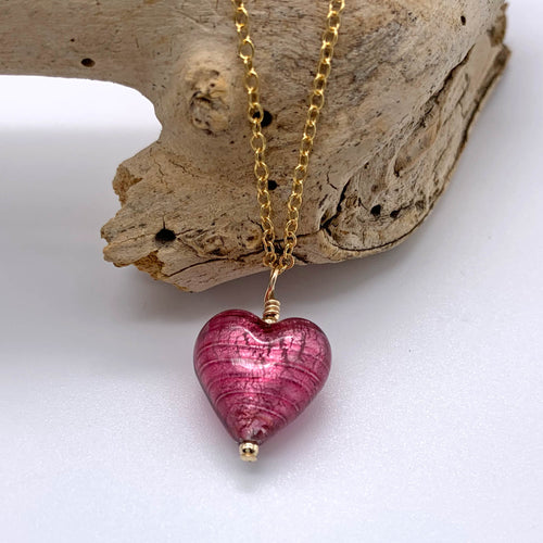 Necklace with rose pink (cerise) Murano glass small heart pendant on gold chain