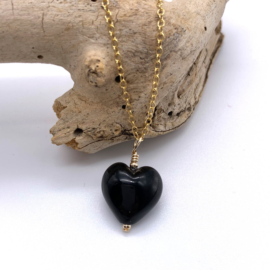 Necklace with black pastel Murano glass small heart pendant on gold cable chain