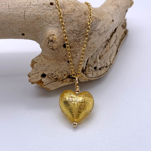 Necklace with light (pale) gold Murano glass small heart pendant on gold cable chain