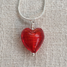 Necklace with light red Murano glass small heart pendant on silver snake chain