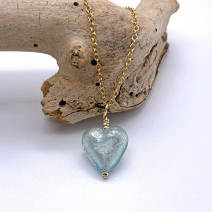 Necklace with aqua (blue) Murano glass small heart pendant on gold cable chain