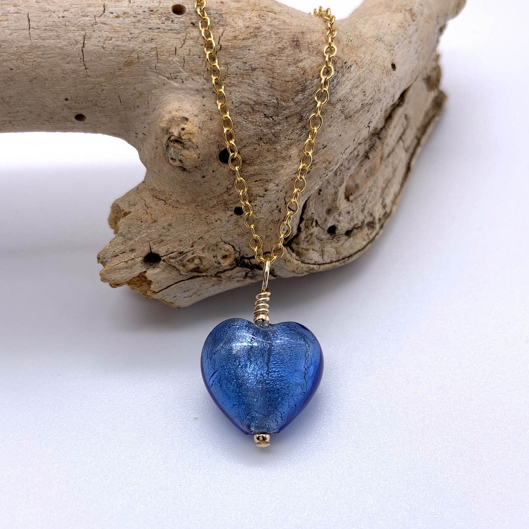 Necklace with cornflower blue Murano glass small heart pendant on gold cable chain
