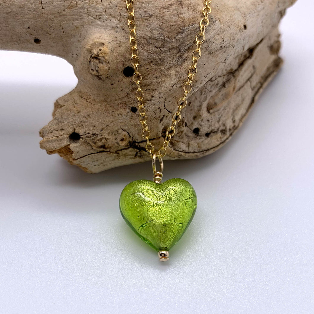 Necklace with light green (lime) Murano glass small heart pendant on gold chain