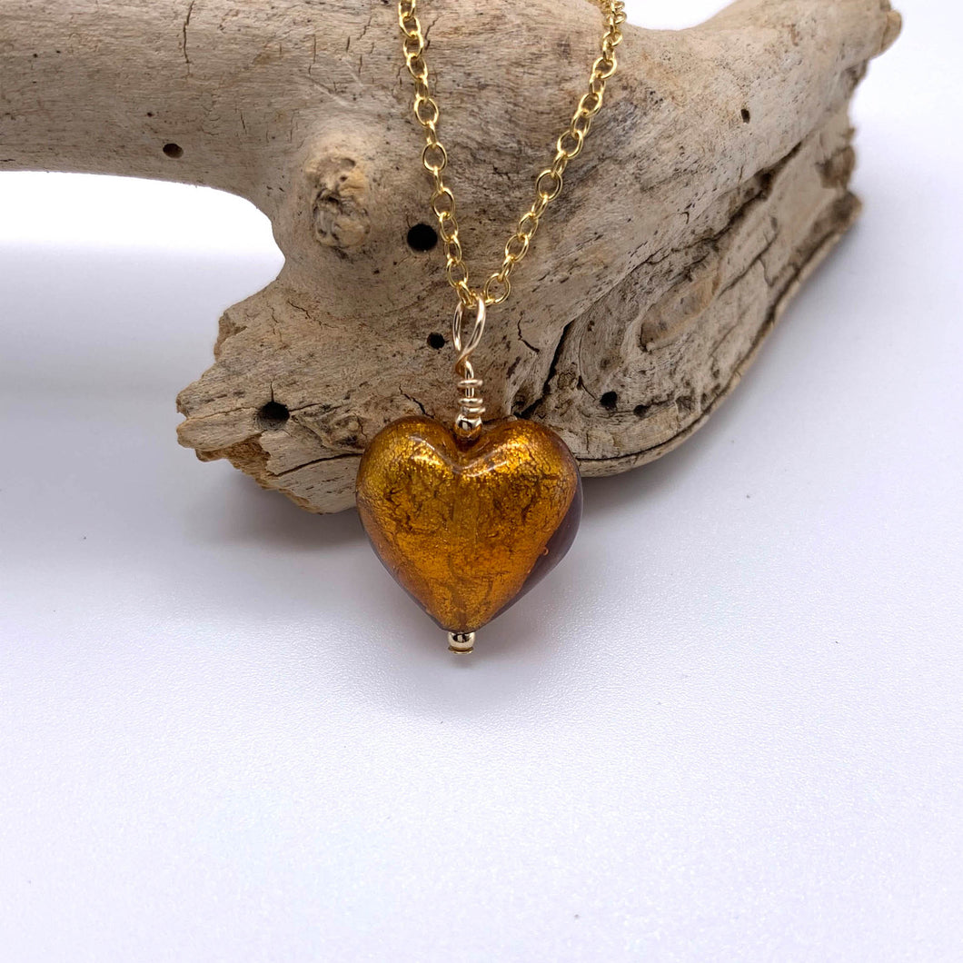 Necklace with brown topaz (amber) Murano glass small heart pendant on gold chain