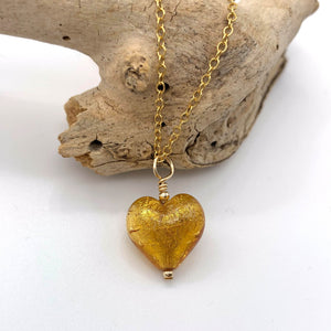 Necklace with gold topaz (amber, brown) Murano glass small heart pendant on chain