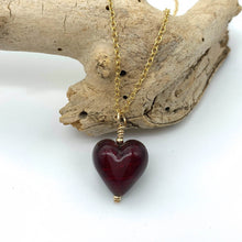 Necklace with dark red Murano glass small heart pendant on gold cable chain