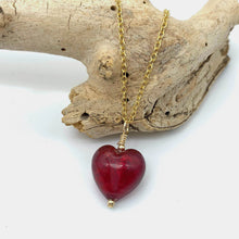 Necklace with red Murano glass small heart pendant on gold cable chain
