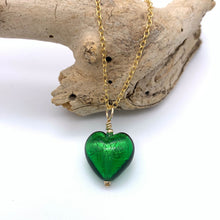 Necklace with dark green (emerald) Murano glass small heart pendant on gold cable chain