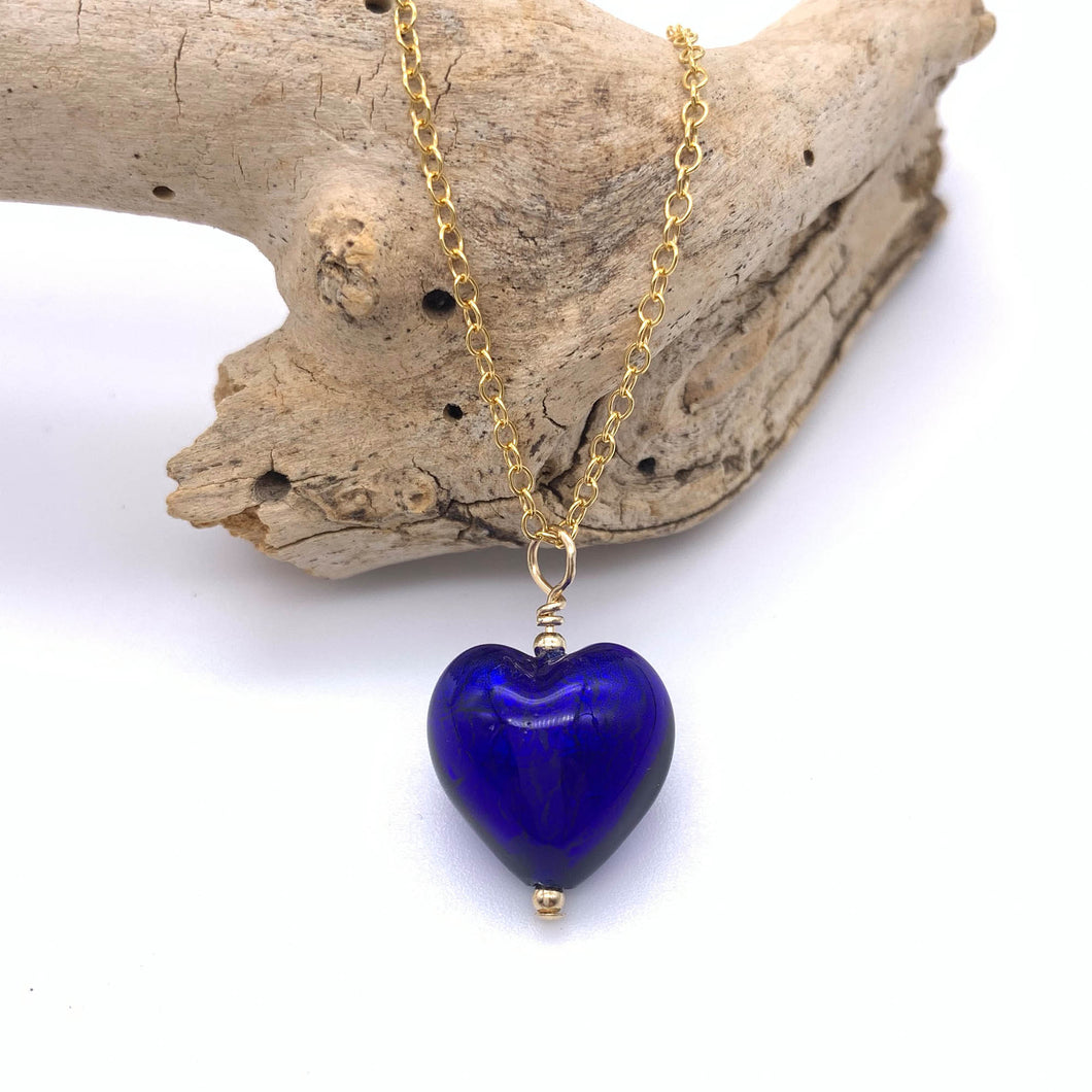 Necklace with dark blue (cobalt) Murano glass small heart pendant on gold cable chain