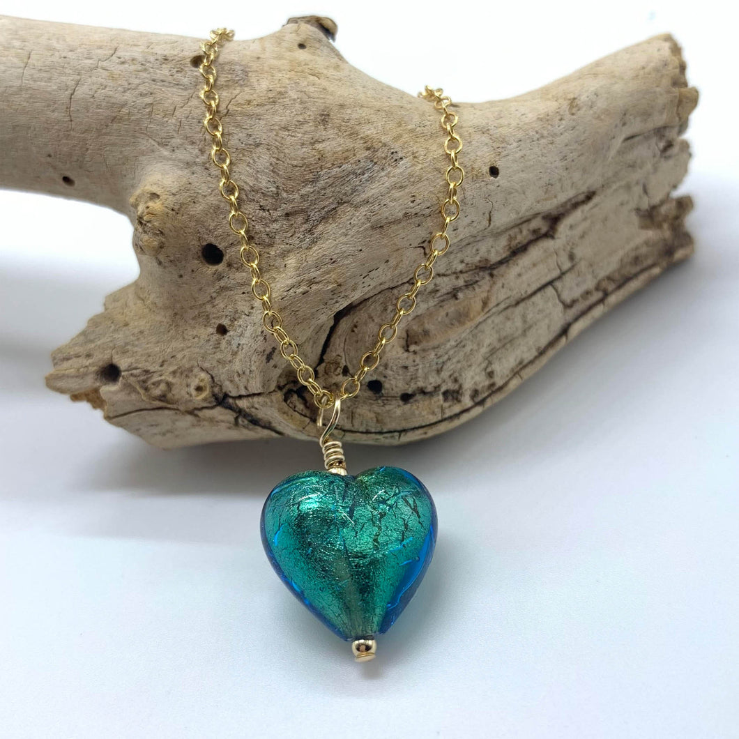 Necklace with sea green (jade, teal) Murano glass small heart pendant on gold chain