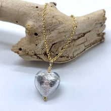 Necklace with clear crystal and silver Murano glass small heart pendant on gold chain