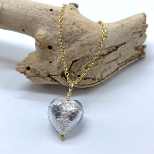 Necklace with clear crystal and silver Murano glass small heart pendant on gold chain