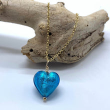 Necklace with turquoise (blue) Murano glass small heart pendant on gold cable chain