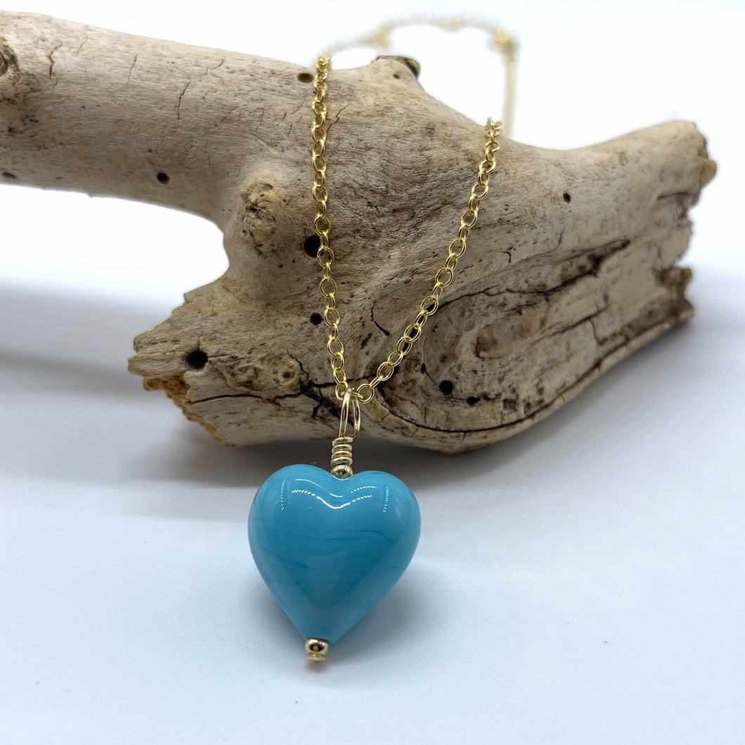 Necklace with turquoise (blue) pastel Murano glass small heart pendant on gold chain