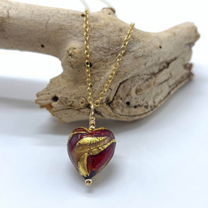 Necklace with red and aventurine swirl Murano glass small heart pendant on gold chain