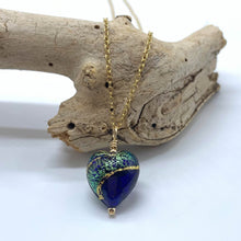 Necklace with dark blue, sea green, gold Murano glass small heart pendant on gold chain