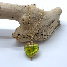 Necklace with green, gold, aventurine Murano glass small heart pendant on gold chain