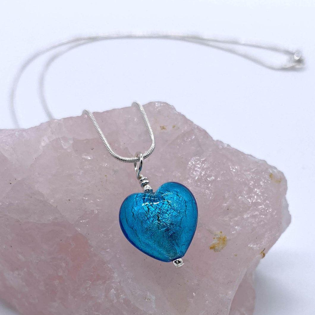 Necklace with turquoise (blue) Murano glass small heart pendant on silver snake chain
