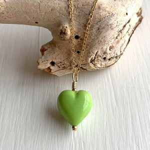 Necklace with green pastel Murano glass small heart pendant on gold cable chain