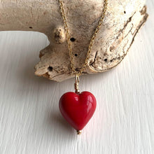Necklace with red pastel Murano glass small heart pendant on gold cable chain