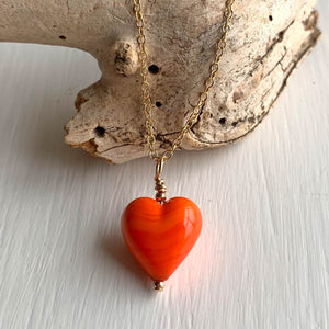 Necklace with orange pastel Murano glass small heart pendant on gold cable chain