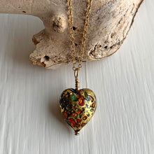Necklace with speckled colours over gold Murano glass small heart pendant on gold cable chain