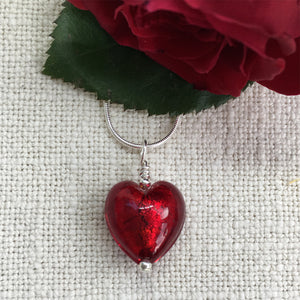 Necklace with red Murano glass small heart pendant on silver snake chain
