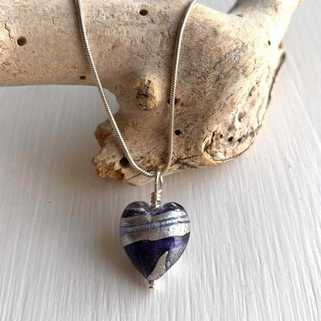 Necklace with purple velvet and violet swirl Murano glass small heart pendant on silver chain