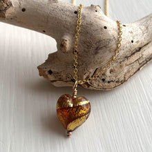 Necklace with brown topaz and aventurine swirl Murano glass small heart pendant on gold chain